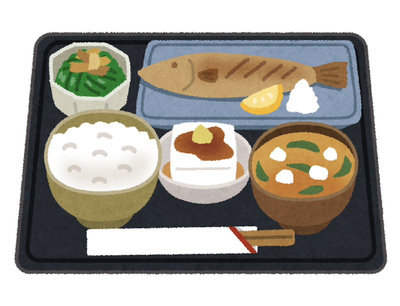 魚・納豆・ごはんが並んだ和風定食のイラスト